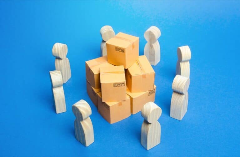 Bunch of boxes surrounded by people. Joint purchases, directly from manufacturer. Business process organization of distribution retail of goods. Marketing and market research